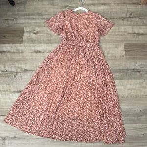 Pink Floral Short Sleeve Round Neck Tie Waist Midi Dress